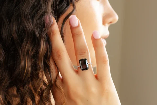 Black Diamond Solitaire Ring Sterling Silver, Ring - Image 2