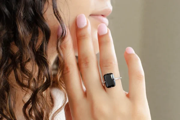 Black Diamond Solitaire Ring Sterling Silver, Ring - Image 3